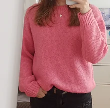 Women Sweater Outerwear Pullover Long-Sleeve Elegant Knitted Loose Pink Knitting Thick