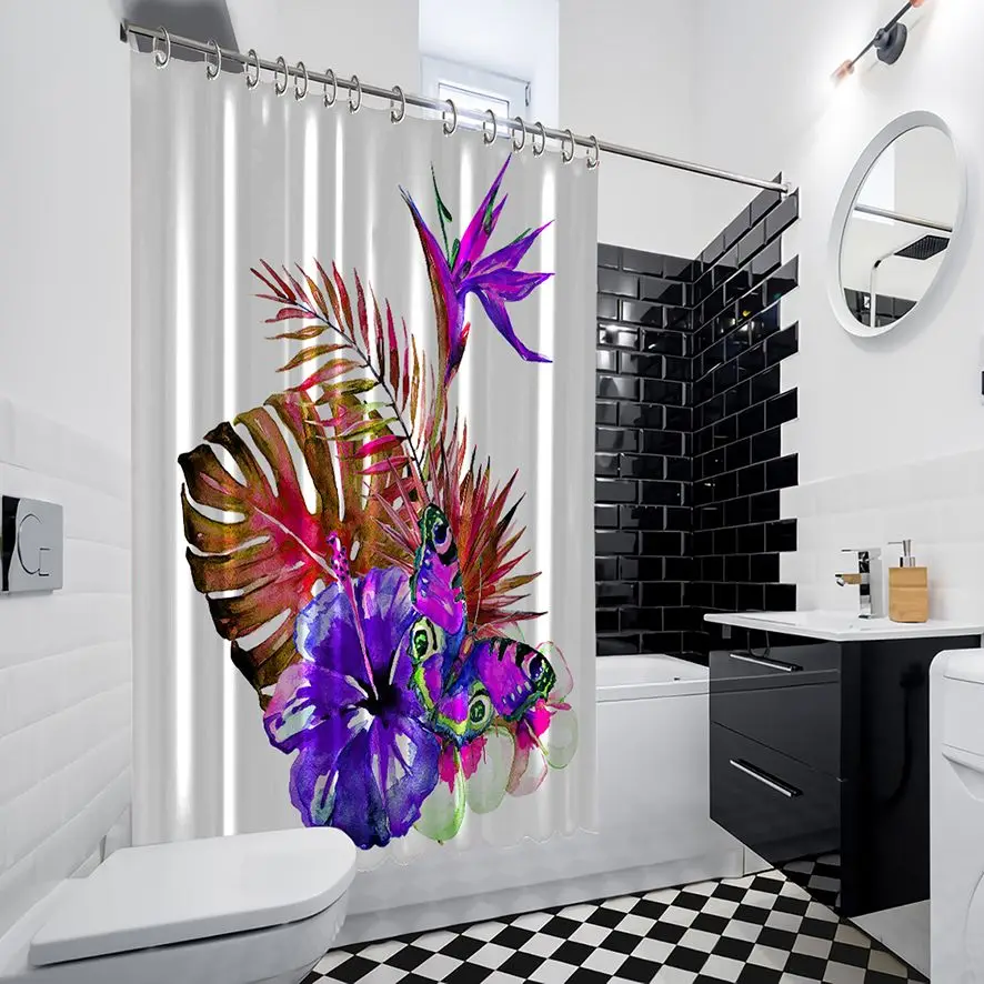 Tropical Palm Leaves and Flowers Classic Watercolor Style Nature Artwork Purple Shower Curtain