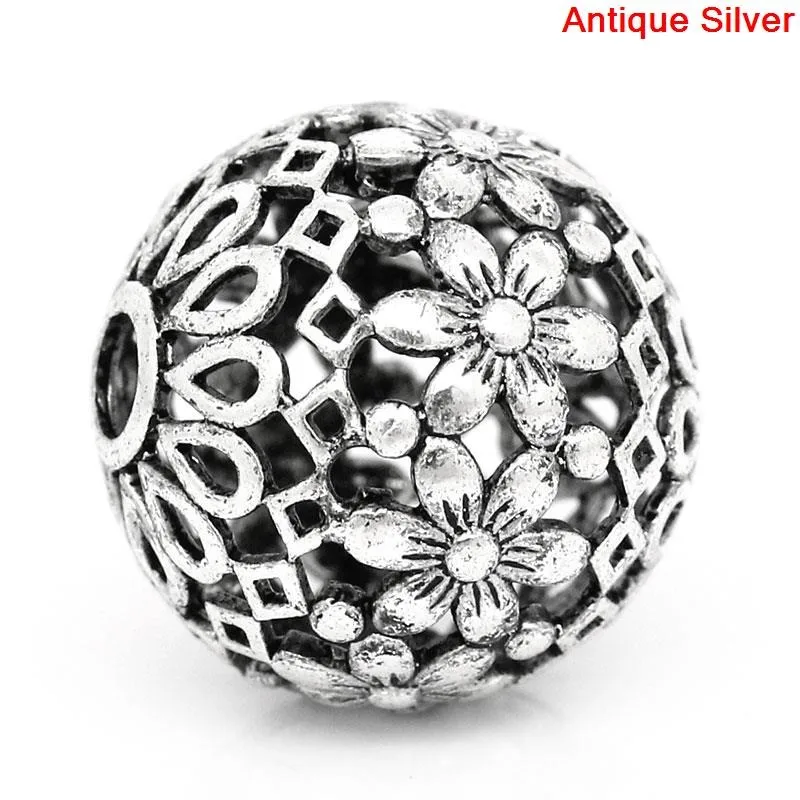 Spacer Beads Doreen Box Copper Round Antique Bronze Flower Pattern Hollow 17mm x 16mm For DIY Jewelry Making Hole:2mm 5PCs