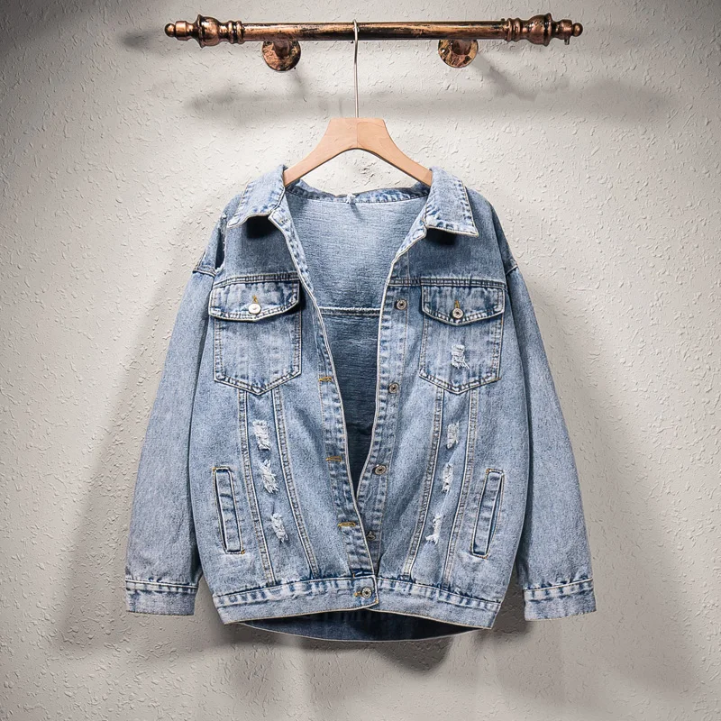 Women Denim Jacket Fashion Streetwear Letter Stylish 2021 Chic  Printed Ripped Holes Jean Patchwork BF Style Jeans Female Coat
