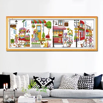 

Romantic side street scenery 11CT Printed Fabric 14CT Canvas DMC Chinese DIY Hand gift Embroidery Set Needlework Home Decoration