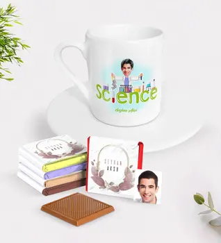 

Personalized Men 'S Science Science Teacher Caricature Of Turkish Coffee cup And Chocolate Gift set