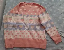 Suéter de punto Kawaii japonés para mujer, jersey de manga larga con estampado de fresa, Top de punto Rosa Vintage para Otoño e Invierno
