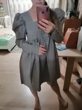 Plaid Dress Puff-Sleeve Square Collar Bclout Black White Sexy Vintage Autumn Casual Woman