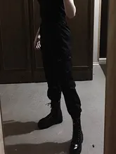 Pantalones Cargo informales para mujer, pantalón holgado de cintura alta, color negro, estilo coreano, con cinta, envío directo