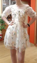 Mini Dress Puff-Sleeve Lace Print Chiffon French Korean-Style Sexy Vintage Women Floral