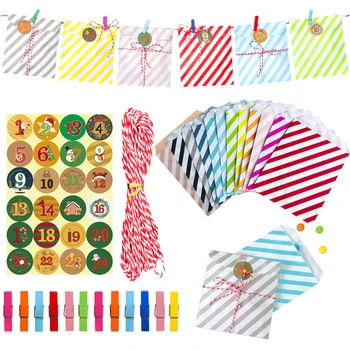 

24sets Advent Calendar Christmas Gift Holiday Count Down Packing Bag with Stickers for New Year Party Candy Paper Treat Bag