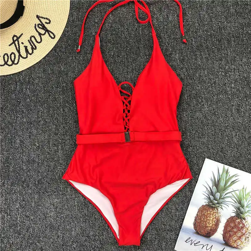 7 Colors Sexy Halter V Neck Lace Up Women Swimwear One Piece Swimsuit Female Bather Bathing Suit Swim Lady With Belt V1762 - Цвет: Красный