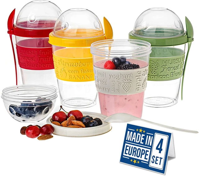 Breakfast On the Go Plastic Cups with Lids, Yogurt Bowls with Topping  Cereal Oatmeal or Fruit Container, Snack Cup and Spoon for Lunch Box,  Portable 
