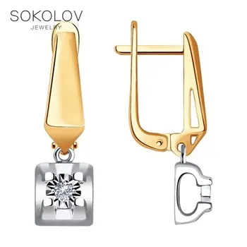

Sokolov drop earrings with stones in combined gold with diamond face with diamonds, fashion jewelry, 585, women's male, long earrings