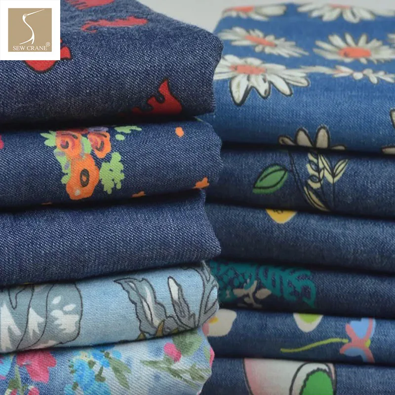 

Blue Floral Dots Spot Printed Denim Fabric Thin Washed Denim Blended Denim Dress Fabric Sewing Craft Fabric