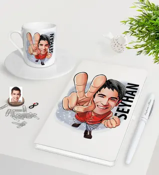 

Personalized Men 'S Caricature Of White Notebook Pen Turkish Coffee Cup Seti-33