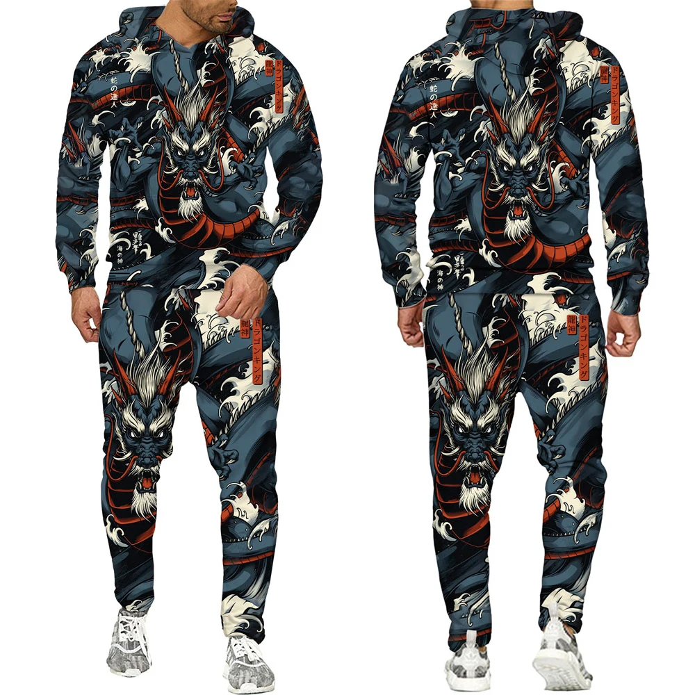 Autumn 3D Oriental Dragon God Printed Mens Hooded Sweater Set Male Japanese Samurai Tattoo Zipper 3d Tracksuit Men Clothing Suit mens jogger sets