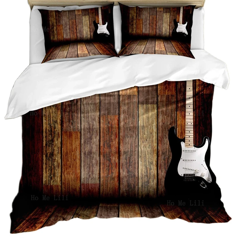 

Popstar Party Duvet Cover Set Electric Guitar In The Wooden Room Country House Interior Music Theme Decorative Bedding