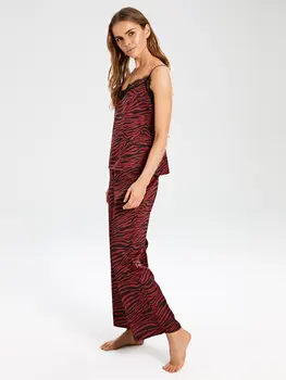 

Zebra Pattern Neckline Ruched Satin Pajamas set