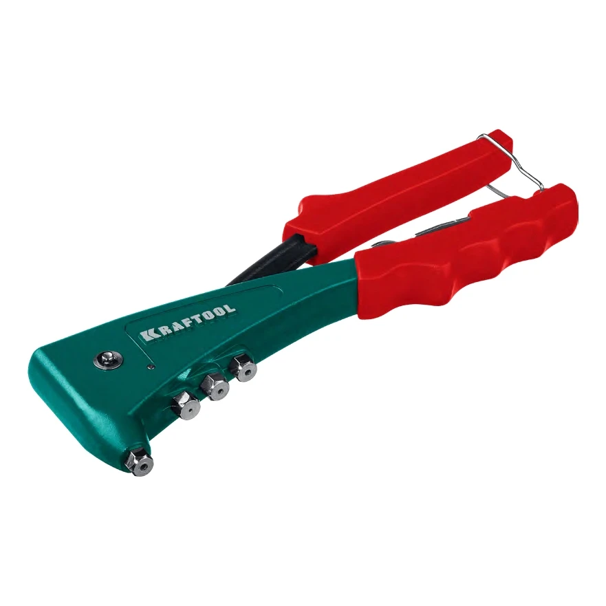 Заклепочник KRAFTOOL 31180 (8 насадок; фиксирующая скоба; ограничители; крепление насадок на корпусе)