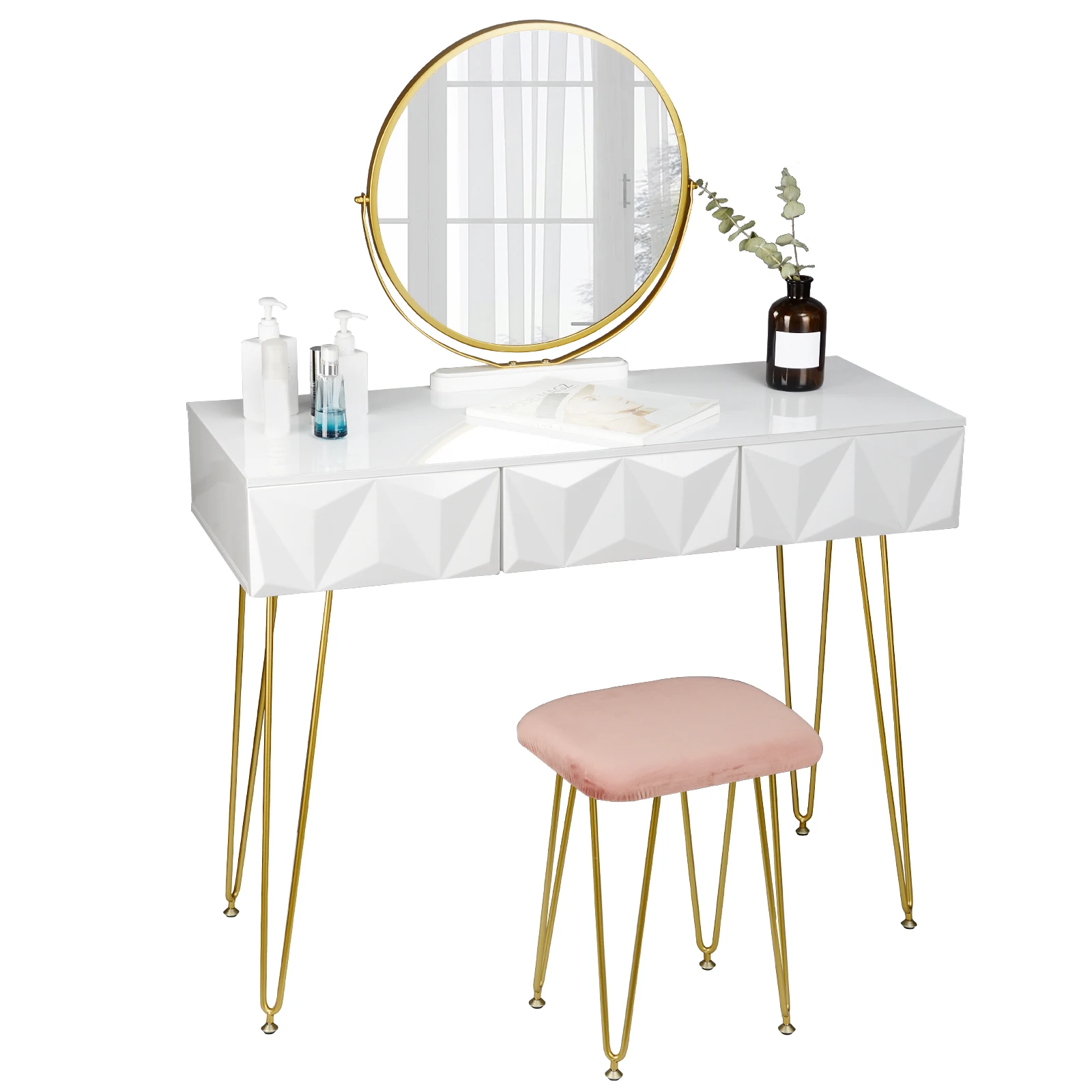 White Gold Dressing Table with 360 ° Swivel Mirror Velvet Stool Makeup Cosmetic Vanity Table with 3 Drawers 3D Effect Bedroom