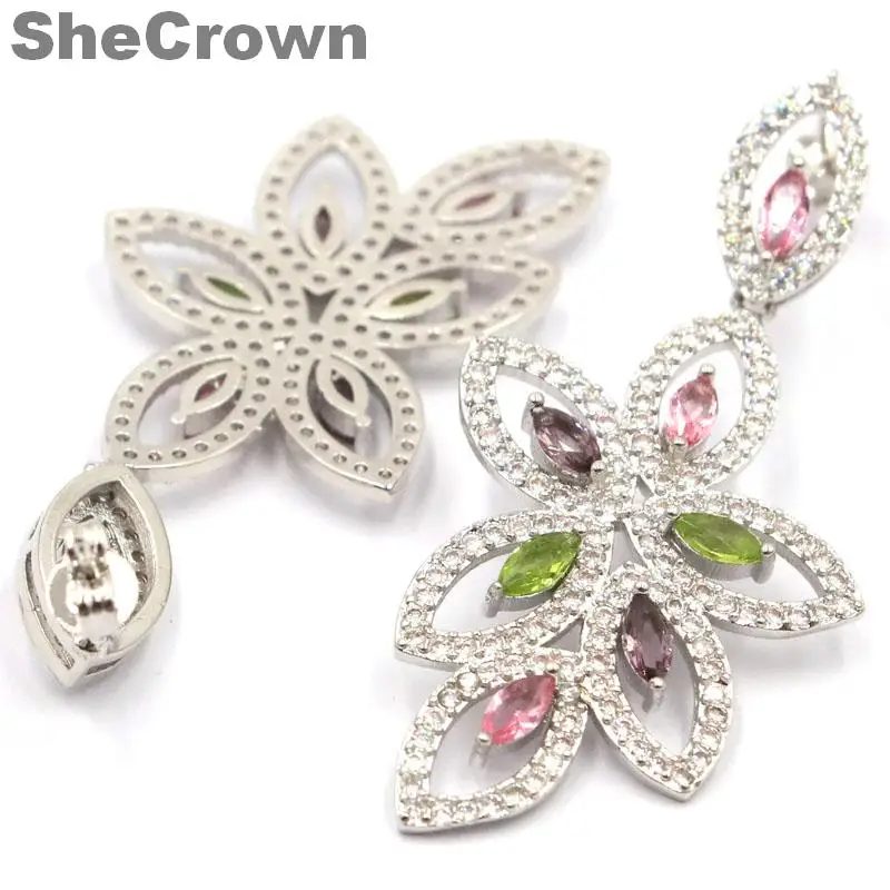 

50x23mm Multi Color Big Amethyst Peridot Pink Morganite CZ Woman's Silver Earrings