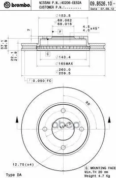 

Disc brake front. Nissan Tiida 1.6 (C11) Brembo art. 09.b526.10