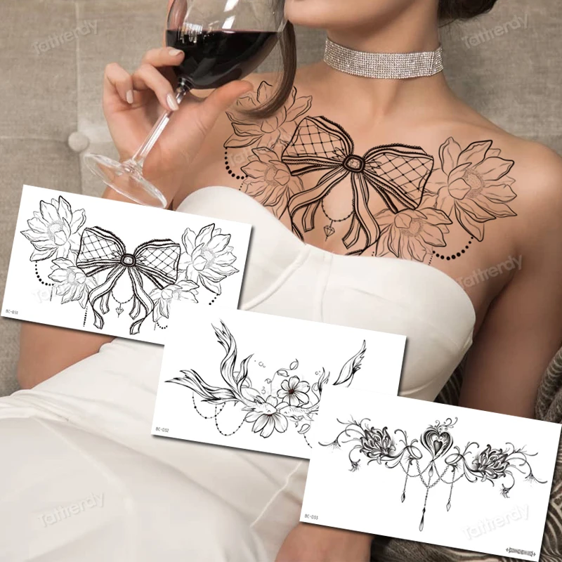 女性のための一時的な入れ墨のステッカー 大きな胸 胸 胸 黒いヘナ レース 花のデザインのジュエリー Temporary Tattoos Aliexpress