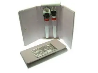 

Pink leather case with guardian ANGEL for baby cutlery