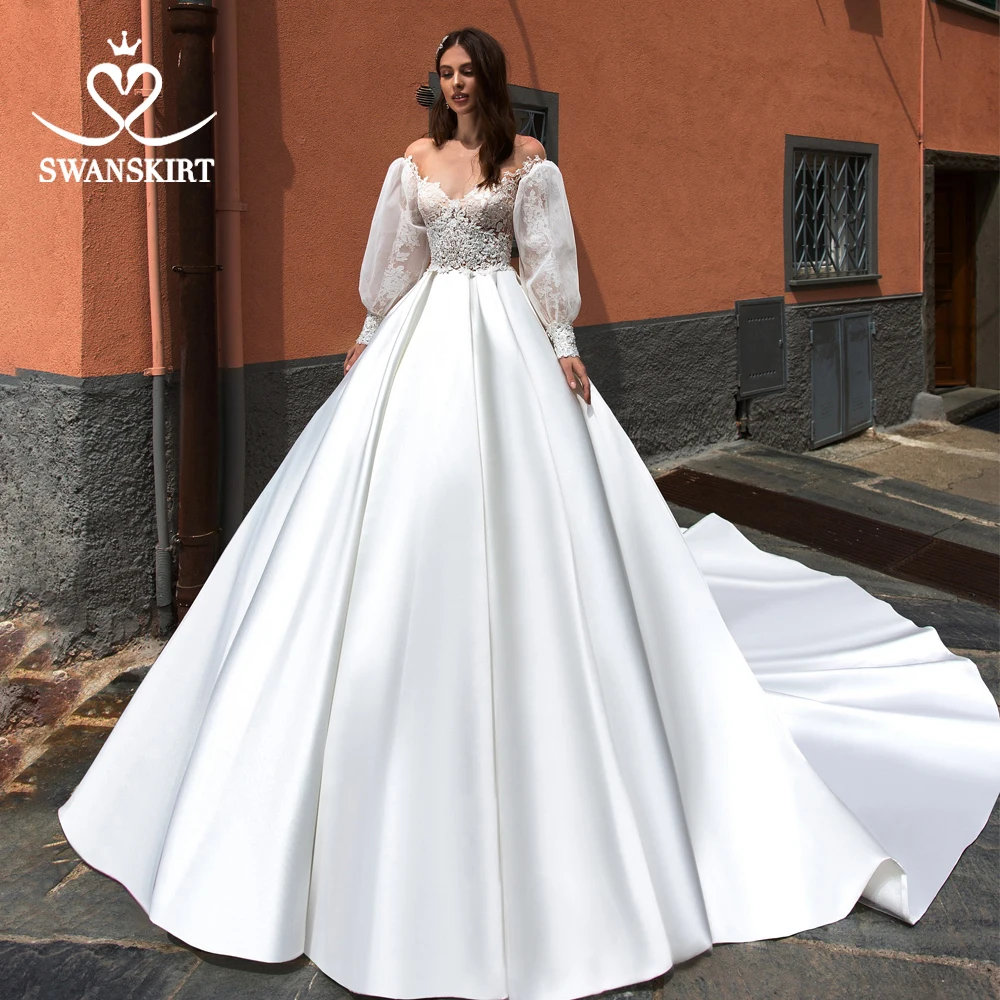 Роскошное атласное ТРАПЕЦИЕВИДНОЕ свадебное платье, модное свадебное платье с аппликацией и отстегивающимся длинным рукавом, платье принцессы, Vestido De Noiva UZ10