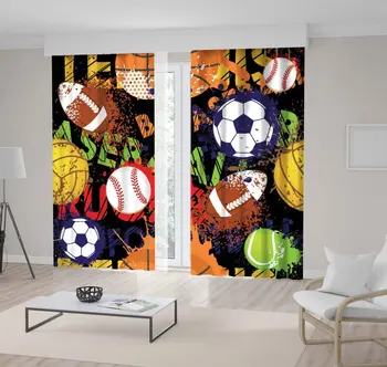 

Curtain Colorful Baseball Football Basketball Rugby Ball on Patterns Black Sport Artwork Printed Brown White Yellow