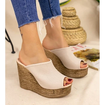 

Jannifer Complexion Skin Fishnet Wedges Slippers