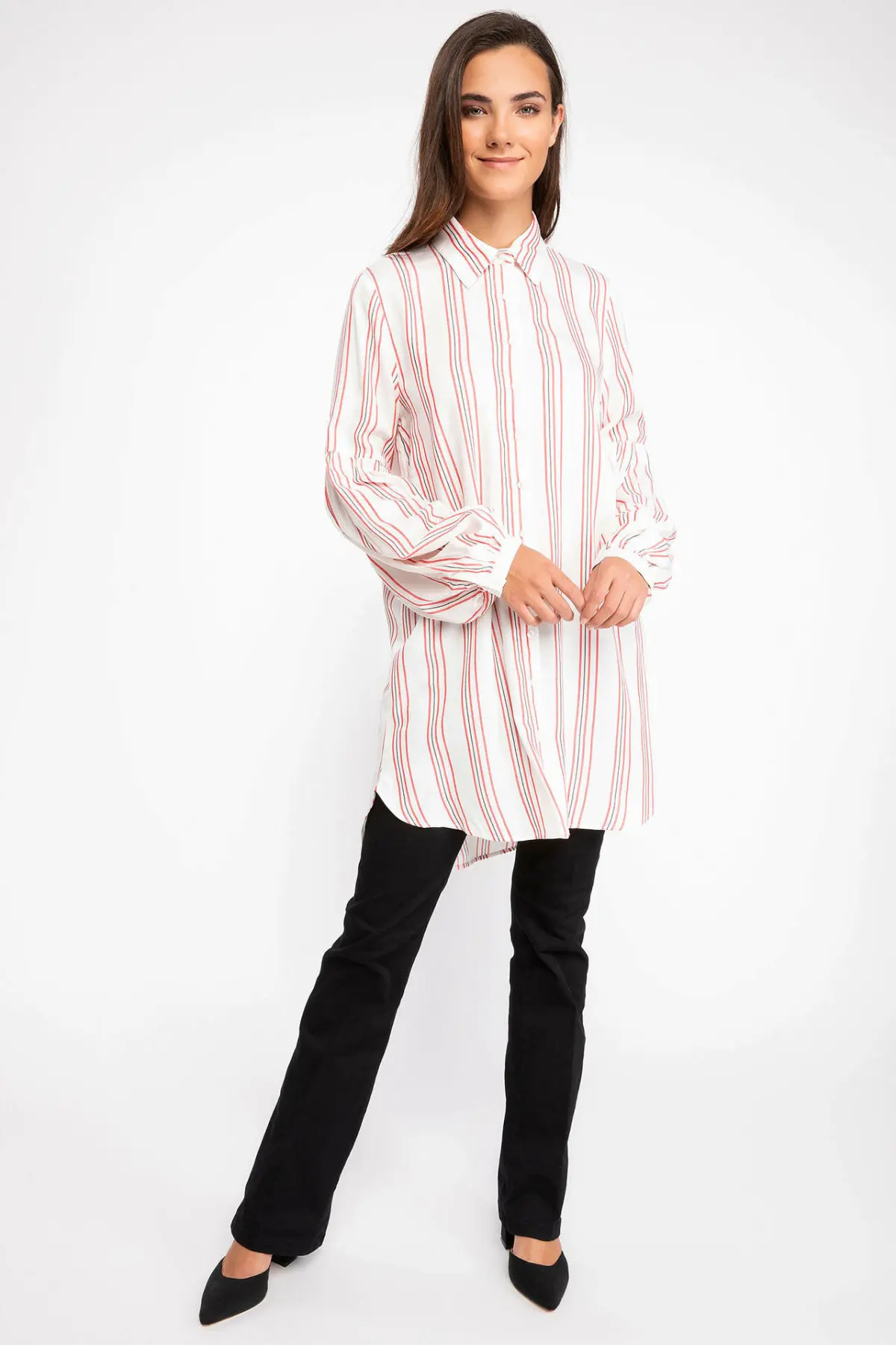DeFacto Woman Red Striped Shirts Autumn Casual Lady Woven Top Shirts Women White Long Shirts Tunic-J2635AZ18AU