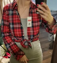 Plaid Shirt Blouses Tops Long-Sleeve Flannel Casual Cotton Women Brand-New Red Excellent-Quality