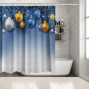 

Christmas Decoration Golden Silver Baubles With Fir Tree Branches Snowflakes Yellow Blue White Shower Curtain