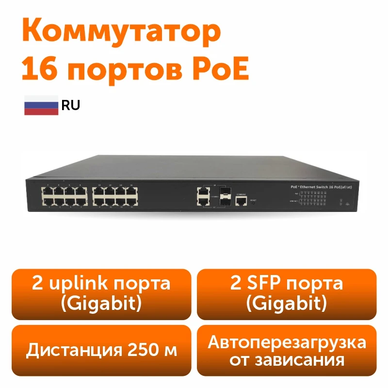 CCTV 16-и портовый управляемый PoE коммутатор (16 POE + 2 Uplink/2 SFP) | Компьютеры и офис