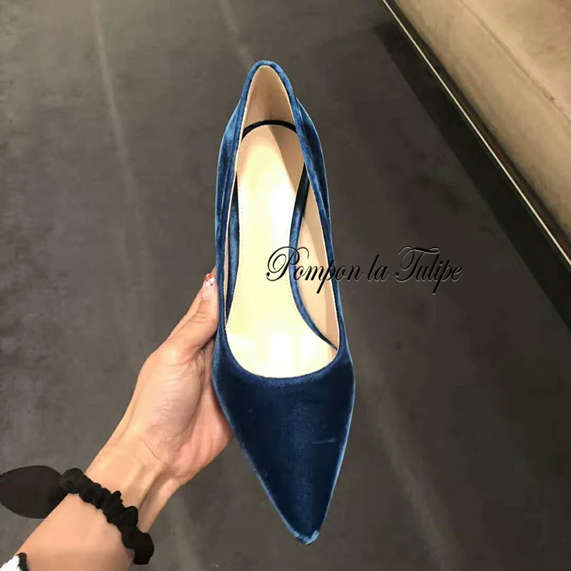 MNK/930055 элегантные синие бархатные туфли-лодочки из овчины на каблуке 7 см, женские модные вечерние туфли на шпильке