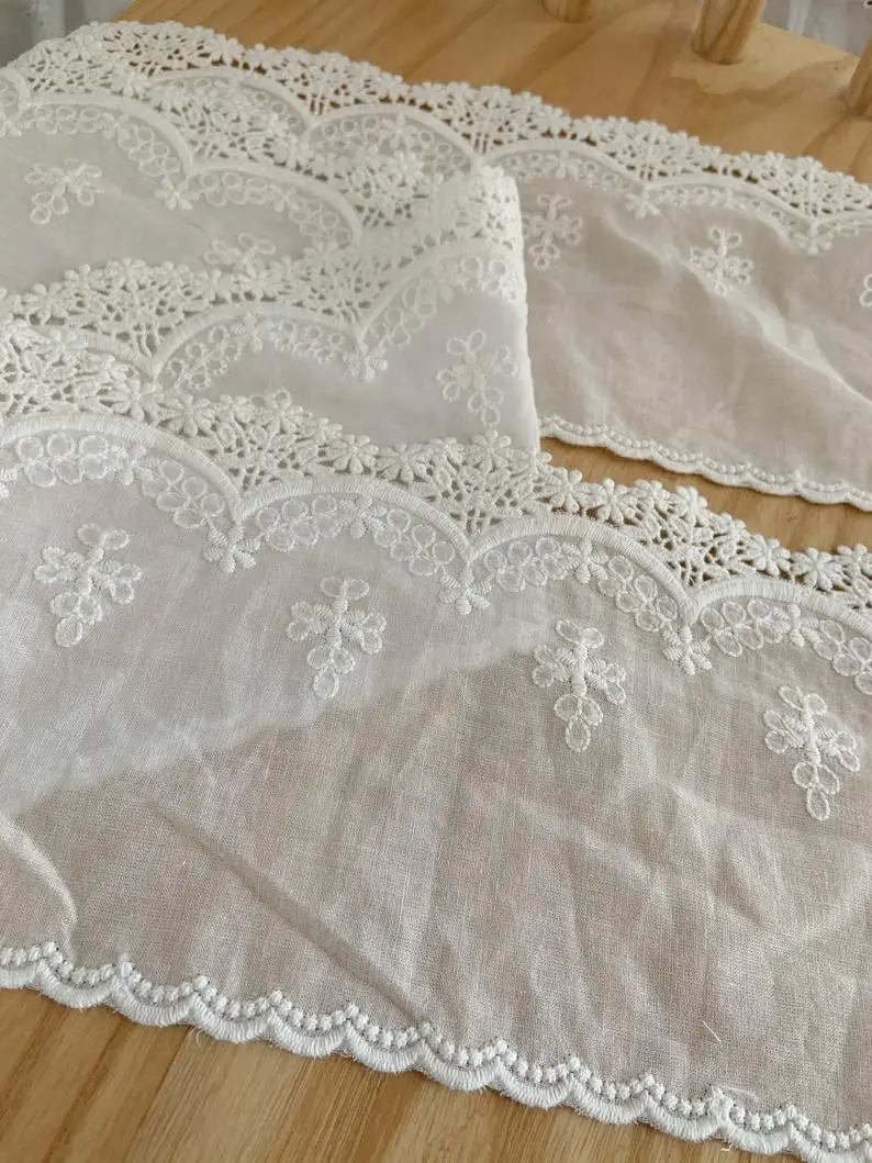 White Cotton Fabric With Embroidered Flower, Eyelet Embroidery