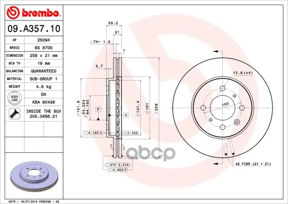 Диск Тормозной Передн Honda: Jazz 02- Brembo арт. 09.A357.10