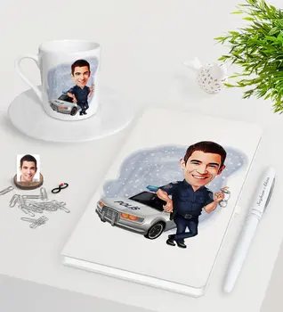 

Personalized Men 'S Traffic Police Caricature Of White Notebook Pen Turkish Coffee Cup Seti-1