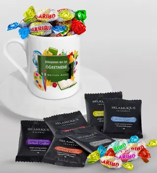 

Personalized World Best Öğretmeni Turkish coffee Cup Selamlique Mixed Turkish Coffee House and Haribo Candy Gift Seti-26