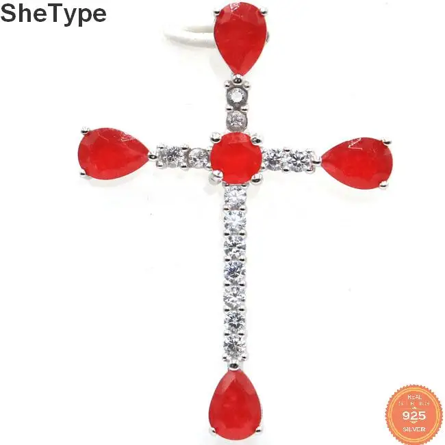 

42x30mm Classic Long Cross 3.79g Real Red Ruby White CZ Woman's 925 Solid Sterling Silver Pendant