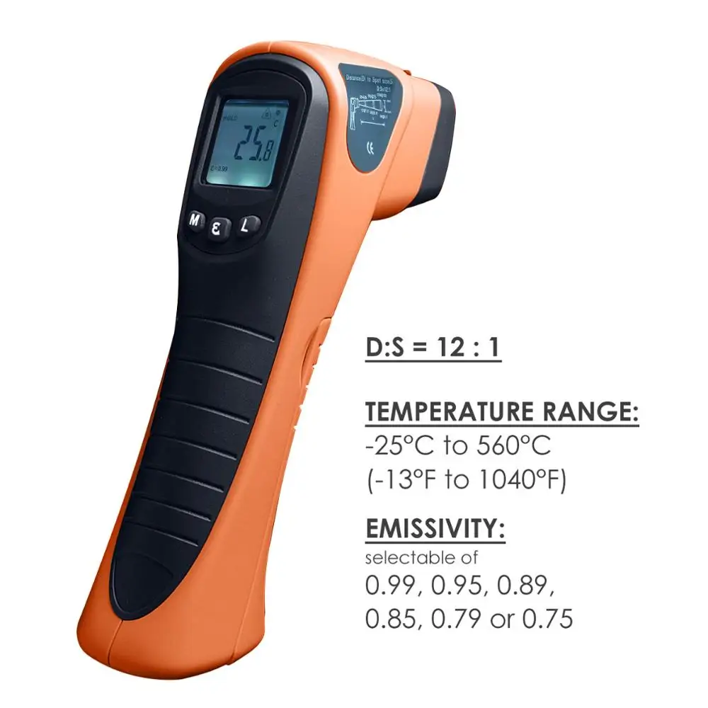 Digital Handheld 121 Distance Spot Ratio Noncontact Ir Thermometer