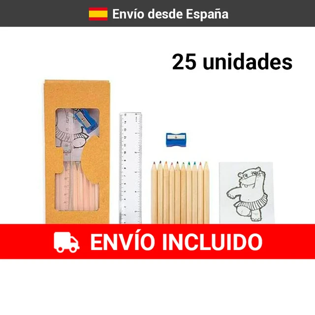 25 pack de 10 lápices, sacapuntas, reglas y bloc. Detalles para