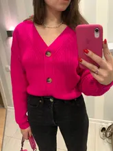 LUNDUNSHIJIA 2020 nueva primavera y otoño de las mujeres es holgado de punto suéteres señoras con cuello en V y manga larga de moda Rosa Cardigan rojo abrigos
