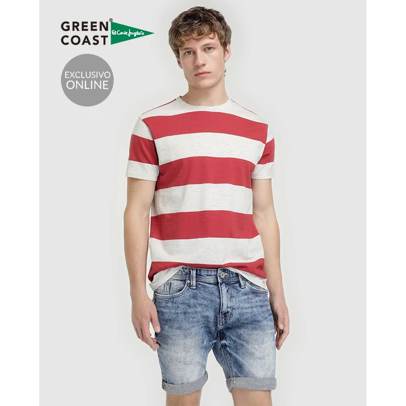 Green Coast Bermuda Vaquera de Hombre Azul Estampado Liso con Lavado y Bigotes Cinco Bolsillos