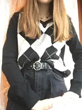 HEYounGIRL otoño negro V cuello de punto Vintage suéter Casual Argyle Jersey escocés mujeres Y2K estilo Preppy Jersey manga larga 2021