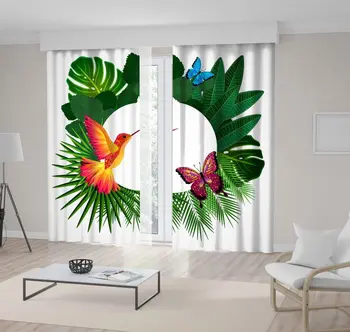 

Curtain Tropical Leaves Butterflies Colibri Bird Floral Design Colorful Artwork Printed Green Yellow Pink