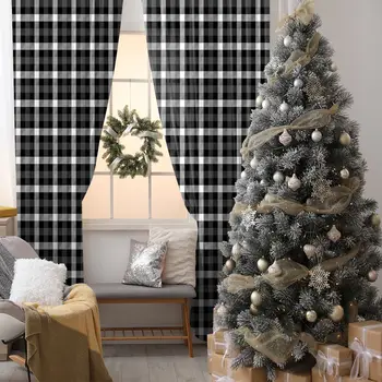 

Traditional Fabric Design Vintage Check Pattern Artwork Printed Gray White Curtain