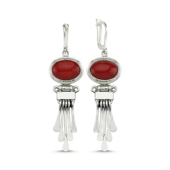 

Silver 925 Sterling Coral Gemstone Dangle Hand Handwork Earrings