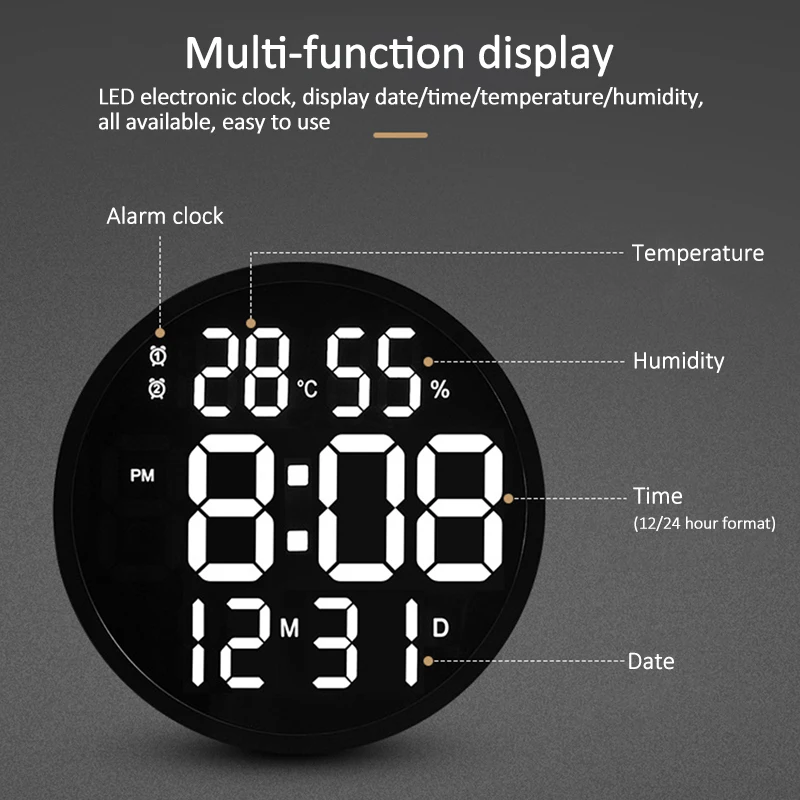 Silent Led Electronic Round 3D Large Wall Clock Digital Temperature Humidity Date Display Alarm Clock Modern Home Decoration_voghion.com