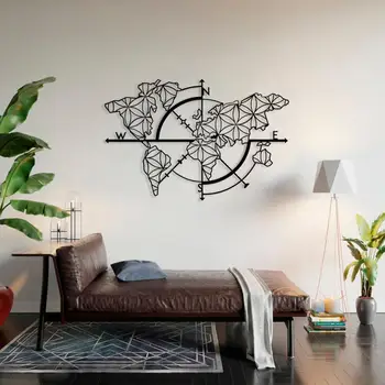 

BAUPOR Metal World Map Wall Art Compass World Map 3D Wall Silhouette Metal Wall Decor Home Office Bedroom Living Room Decoration