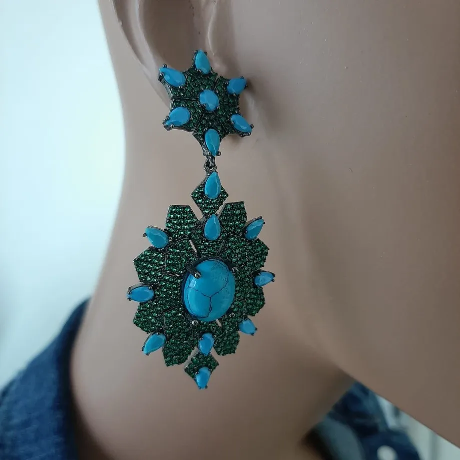 

925 Sterling Silver Earrings Green Stone Statement Long Big Boho Cute Dangle Stud Earrings серьги с камнями 925