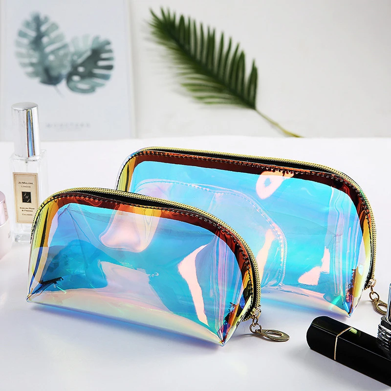 Bolsa de cosméticos transparente iridiscente, holograma láser arcoíris listo para enviar, bolsa de maquillaje de PVC TPU transparente, 100 unids/lote|Bolsas y estuches de cosméticos| AliExpress
